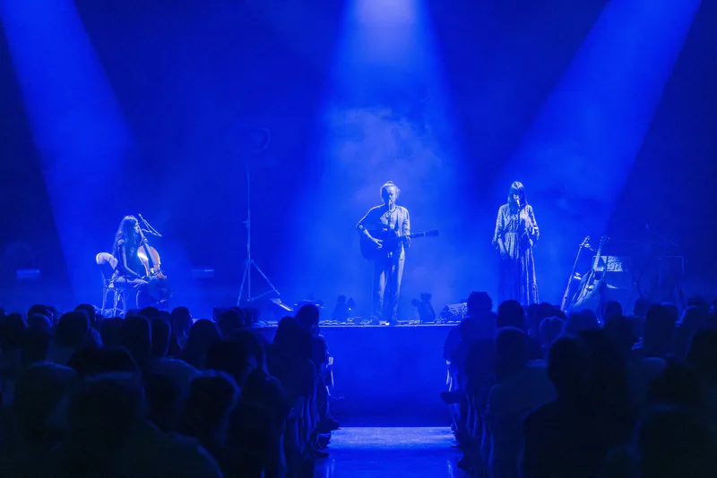 La formazione al completo sotto i fasci blu · Damien Rice, Teatro La Fenice, Venezia